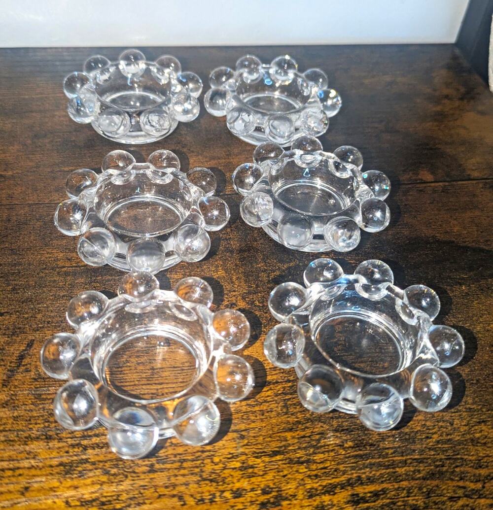 Vintage Imperial Set of 6 Clear Glass Bubble Salt Cellars- Glows Orange